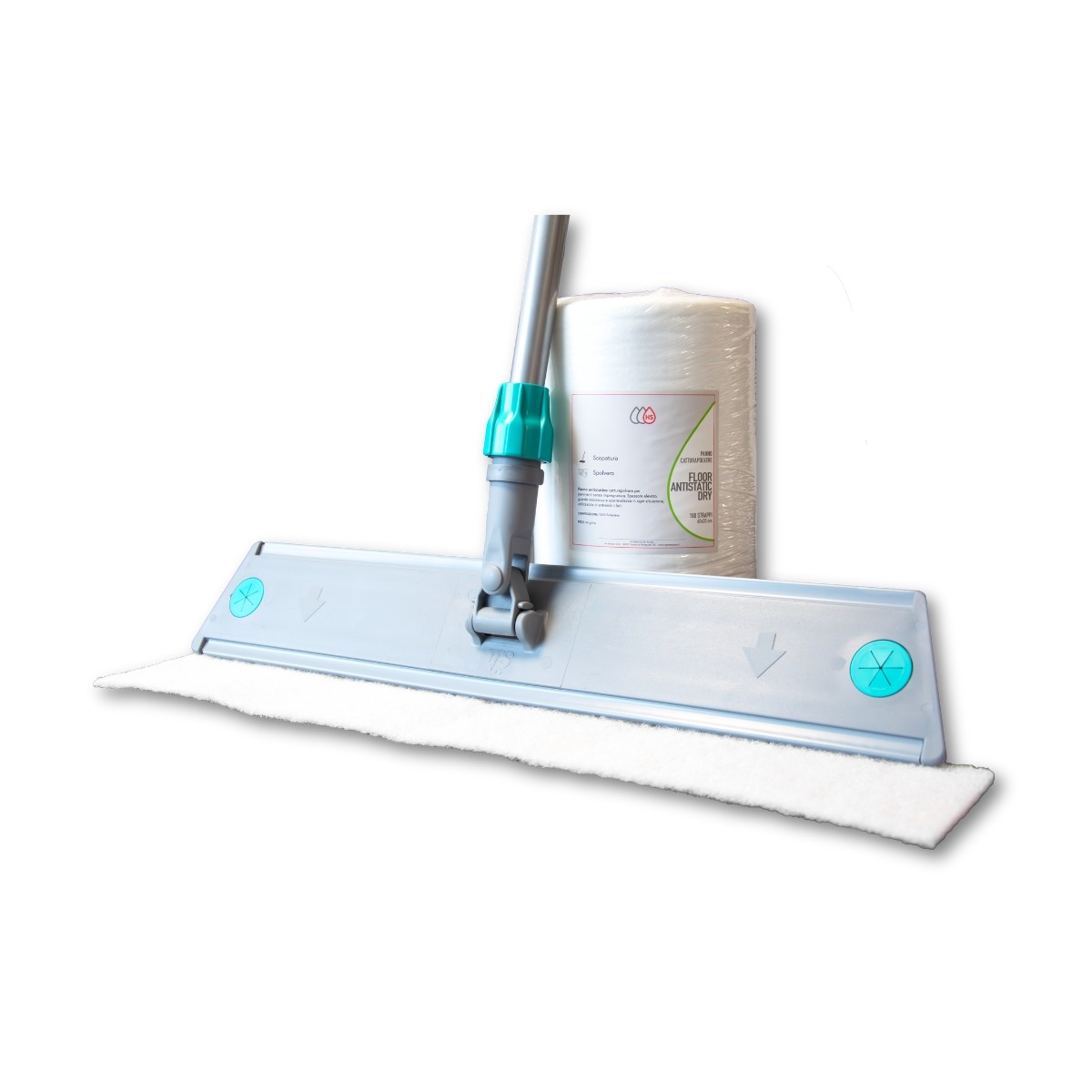 Kit Pulizia Manico Alluminio 150 cm + Attrezzo Velcro 60 cm + Bobina Panno Antistatico